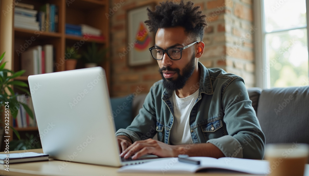Focused Man Working on Laptop at Home Focused Man Working on Laptop at Home
