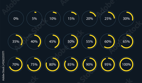 Set of round yellow infographic pie charts, segment of circle icons 0% - 100%, simple flat design loading data interface elements app button ui ux web, vector isolated on dark background