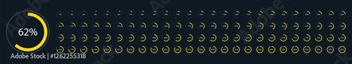 Set of round yellow infographic pie charts, segment of circle icons 0% - 100%, simple flat design loading data interface elements app button ui ux web, vector isolated on dark background
