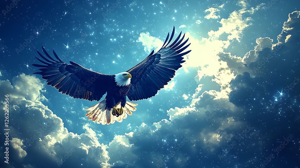 Obraz premium An artistic depiction of a bald eagle in flight, wings forming a perfect American flag silhouette against a bright blue sky, clouds shaped like stars, stylized yet realistic, hyper-detailed feathers,