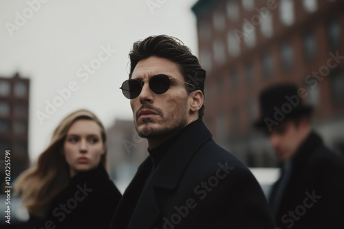 Elegant man wearing sunglasses with bodyguards in city street photo