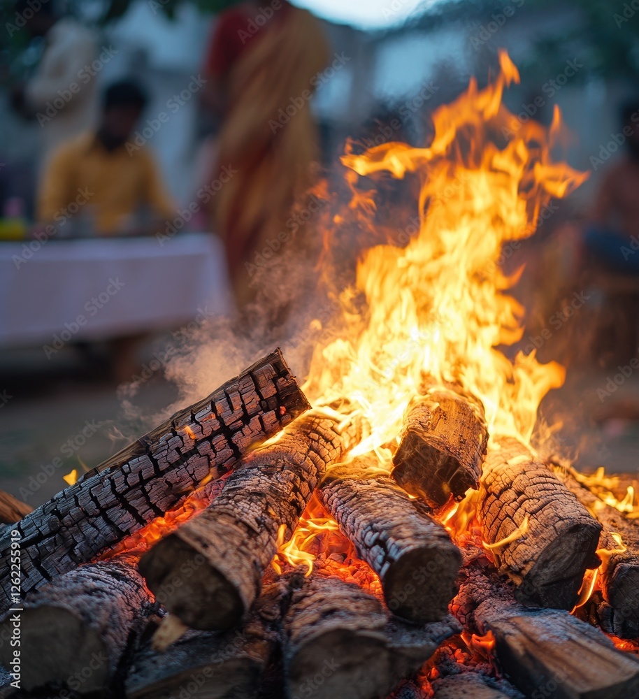 Fototapeta premium Intense Flame Erupting from a Carefully Stacked Wood Firewood Preparing for Traditional Ceremony in Outdoor Setting