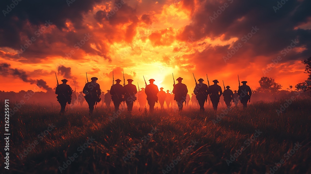 An epic composition of American soldiers throughout history, marching forward as their figures dissolve into a brilliant sunrise, warm nostalgic glow, deep shadows, artistic realism, ultra-HD, An epic composition of American soldiers throughout history, marching forward as their figures dissolve into a brilliant sunrise, warm nostalgic glow, deep shadows, artistic realism, ultra-HD,