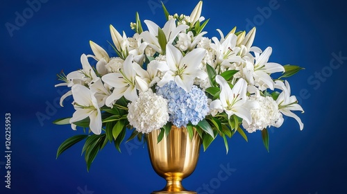 A vase of white flowers with blue accents sits on a blue background