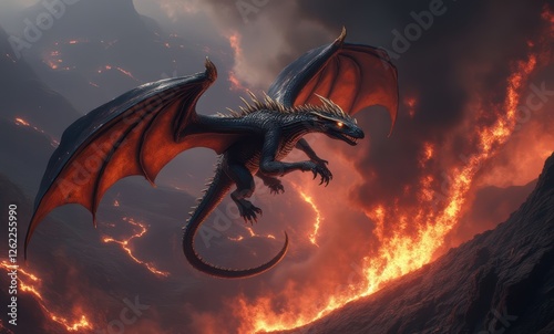 Majestic black dragon soaring over lava photo