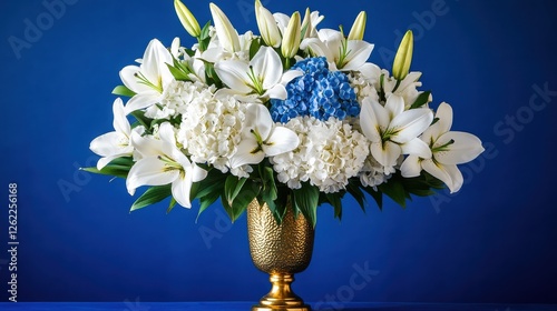A vase of white and blue flowers sits on a blue table