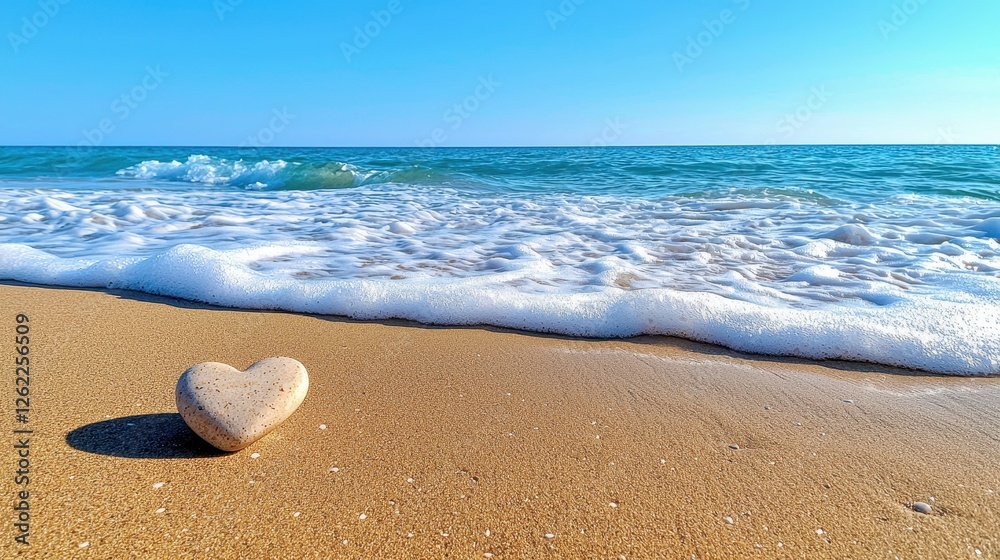 Obraz premium Heart shaped stone rests on sandy beach near ocean waves
