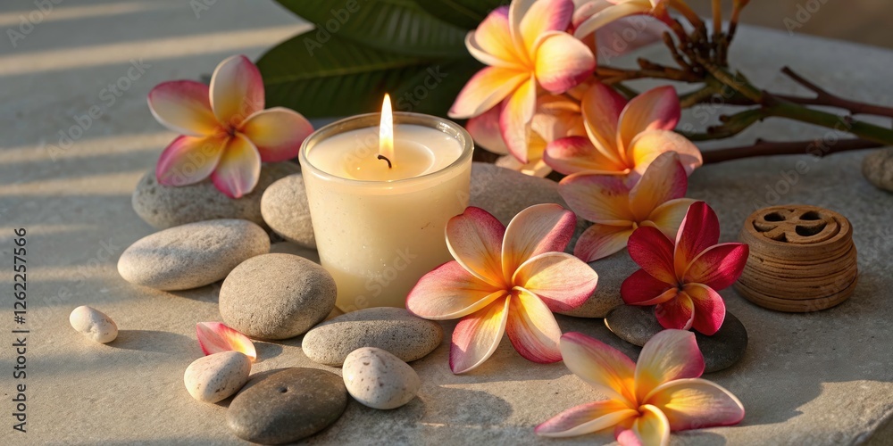 Tranquil Vanilla Candle with Tropical Flowers and Pebbles - A Cozy Aromatic Experience for Relaxation and Serenity