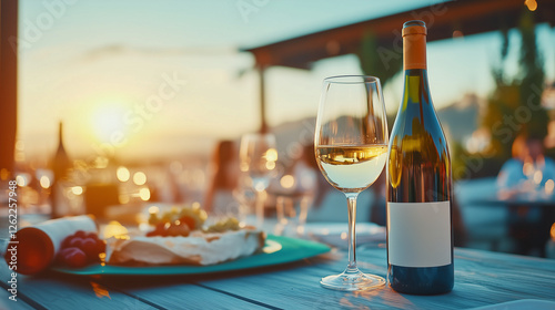 Elegant wine glass and bottle at sunset rooftop dinner, culinary delight