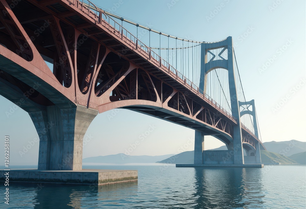 Fototapeta premium 3D Render: Majestic Bridge in a Serene Mountainous Landscape. A rendering of a bridge over a body of water.