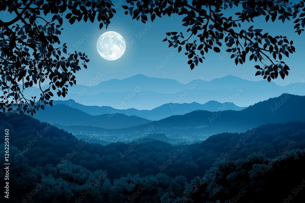 Naklejka premium Moonlit dense forested hills with misty layers and silhouetted tree canopies blending into a calm night sky for peaceful nature backdrops
