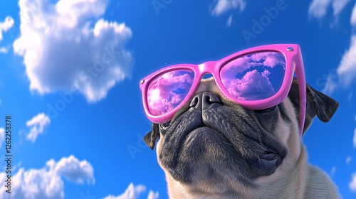 Playful Pug Dog Wearing Pink Sunglasses Against a Bright Blue Sky with Clouds on a Sunny Day photo