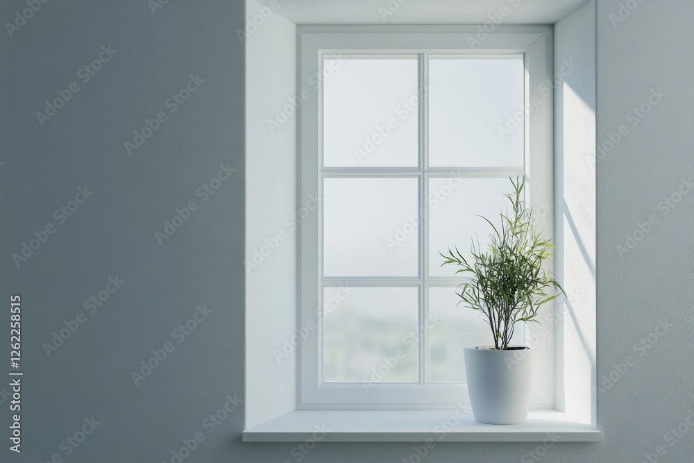 Fototapeta premium Window with a plant in a white pot on sill