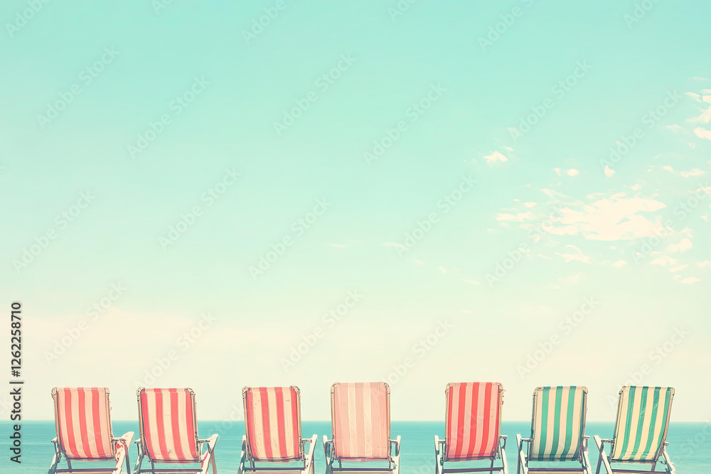 Serene Summer Vacation Beach Scene with Empty Striped Lounge Chairs