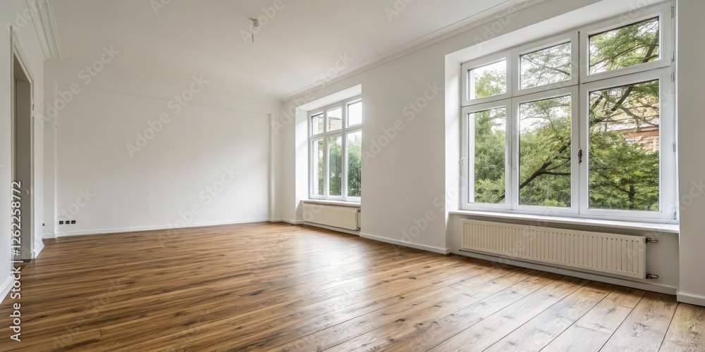 Versatile Empty White Room with Wooden Floor and Large Window for Studio or Office Space Versatile Empty White Room with Wooden Floor and Large Window for Studio or Office Space