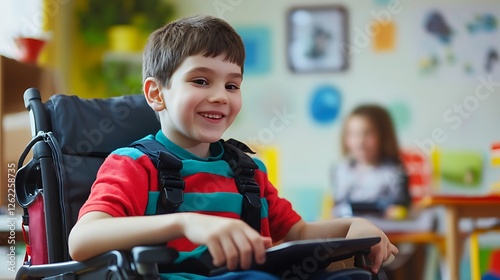 A child with a cognitive disability learning through an interactive game on a tablet in a calm and supportive classroom environment.
