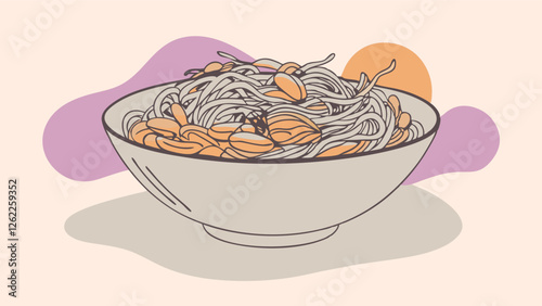 A delightful plate of noodles topped with sunny-side up eggs and fresh tomatoes is vibrantly illustrated in a cheerful vector style, promising a simple yet satisfying meal
