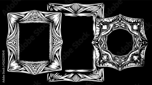 Three intricately detailed, metallic vector frames with gothic and baroque influences stand dramatically against a stark black backdrop, evoking a sense of antique grandeur