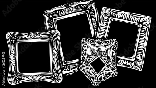 Three intricately detailed, metallic vector frames with gothic and baroque influences stand dramatically against a stark black backdrop, evoking a sense of antique grandeur