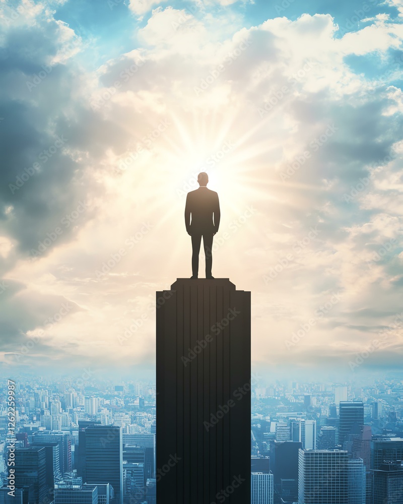 A silhouette of a person standing triumphantly on a skyscraper against a dramatic sky. A silhouette of a person standing triumphantly on a skyscraper against a dramatic sky.