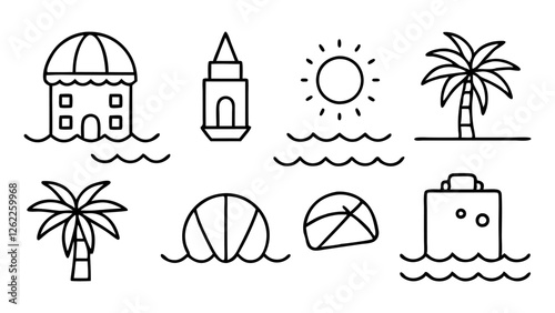 A set of minimalist black and white vector icons outlines the quintessential elements of a sunny beach day, from starfish to surfboards, in a clean and simple style