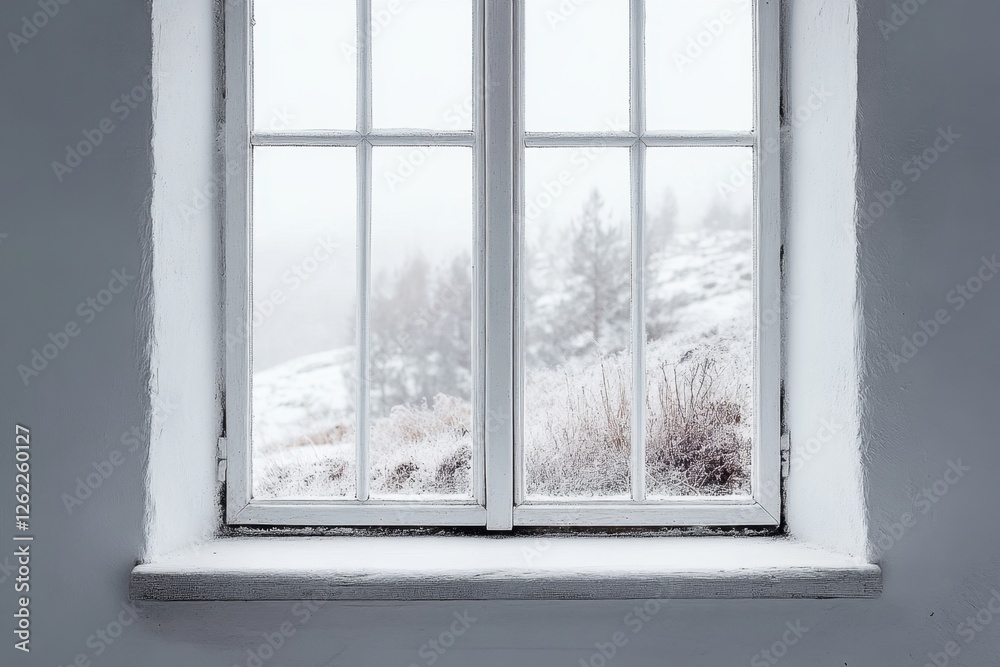 Fototapeta premium A white framed window looks out onto a snowy landscape