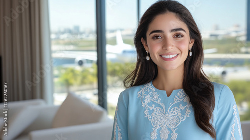 Hispanic woman in blue dress with white embroidery smiling waiting for flight using airplane at airport Free Download Hispanic woman in blue dress with white embroidery smiling waiting for flight using airplane at airport - GFXLoad