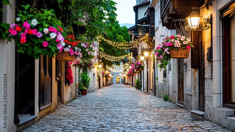 Fototapeta premium Charming Cobblestone Street Decorated With Hanging Flowers And Lights