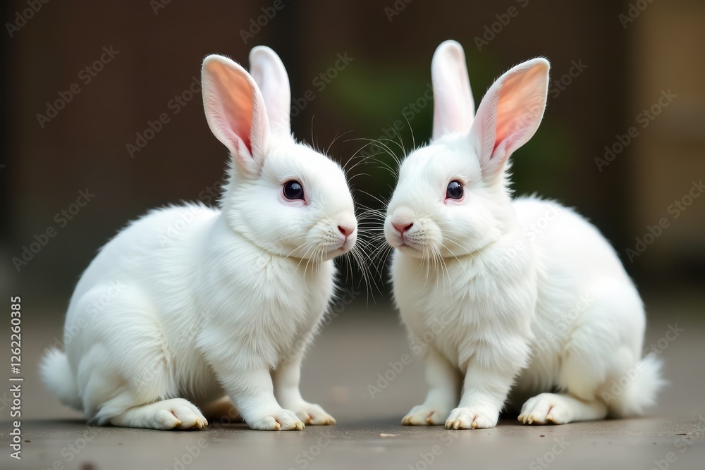 Obraz premium White rabbits; sitting, standing, and lounging Soft fur, bright eyes , peaceful, standing