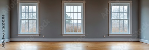 Three large windows illuminate a room with hardwood floors