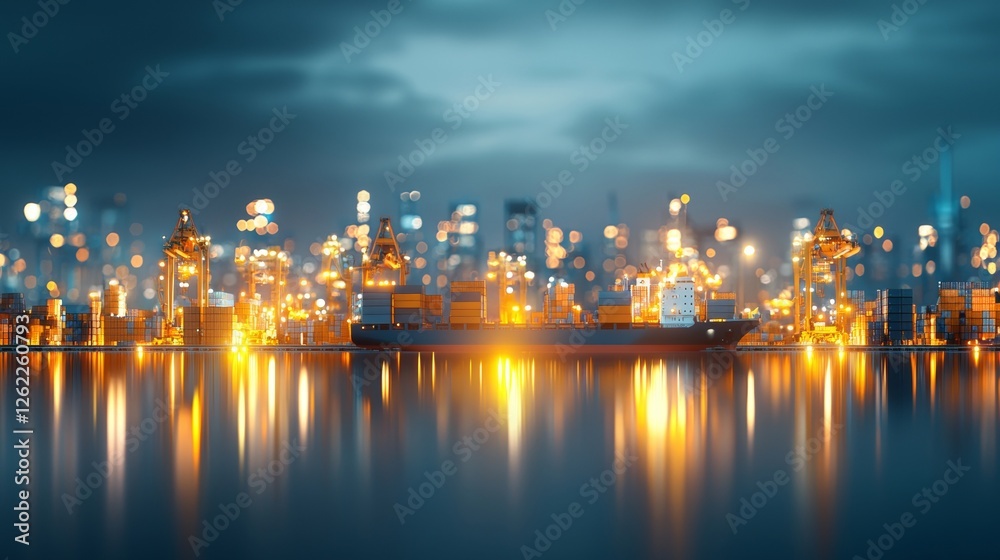 Fototapeta premium Illuminated cargo ship passing through industrial port city at dusk stunning reflection on water urban landscape dynamic night view concept of trade and economy