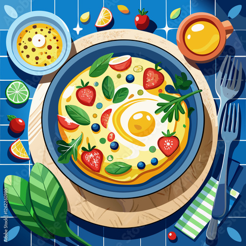 A vibrant and appetizing vector illustration presents a beautifully plated egg omelette, adorned with fresh strawberries, blueberries, and herbs, inviting a delightful and healthy breakfast or brunch 