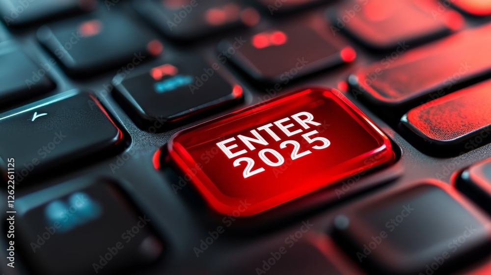 Futuristic Keyboard Red Key for Entering the Year 2025 with Modern Technology Focus Futuristic Keyboard Red Key for Entering the Year 2025 with Modern Technology Focus