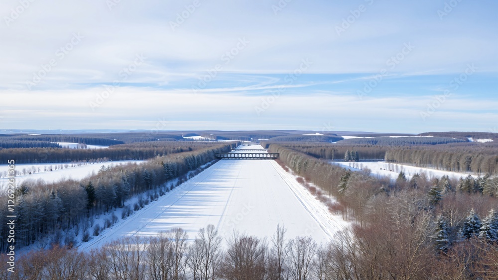 Aerial View of Frozen Canal and Winter Forest Landscape Aerial View of Frozen Canal and Winter Forest Landscape