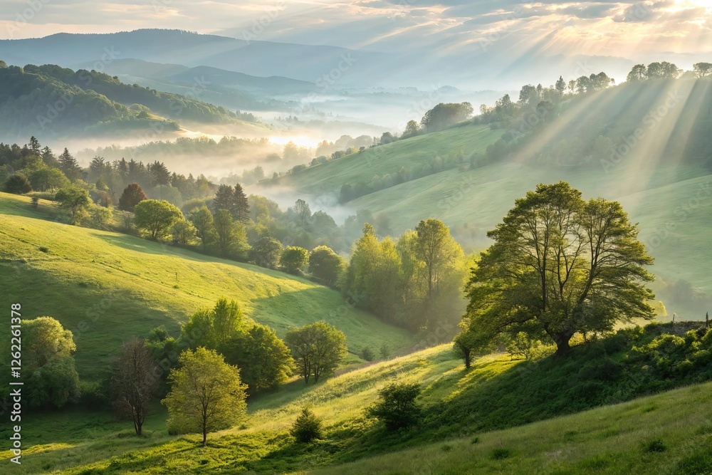 Obraz premium A nature background showcasing a dense forest with towering trees, dappled sunlight filtering through the leaves, and a carpet of wildflowers, capturing the essence of untouched natural beauty.