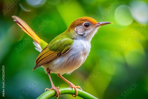 Common Tailorbird Perched on Branch, Vibrant Bird, Detailed Closeup, Nature Photography
