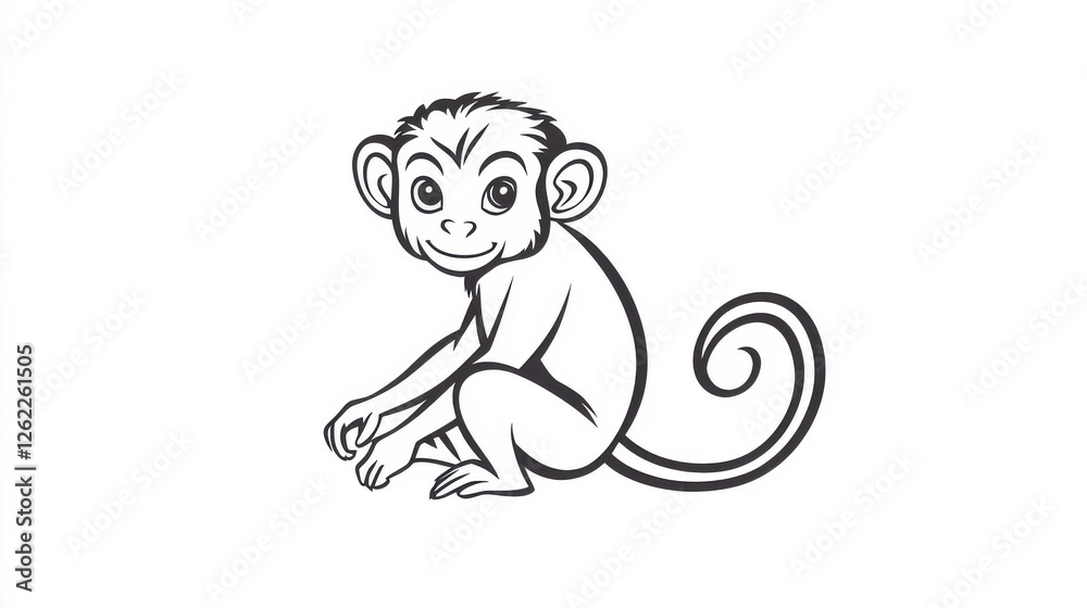 Fototapeta premium Cute Cartoon Monkey Character in Black and White Illustration
