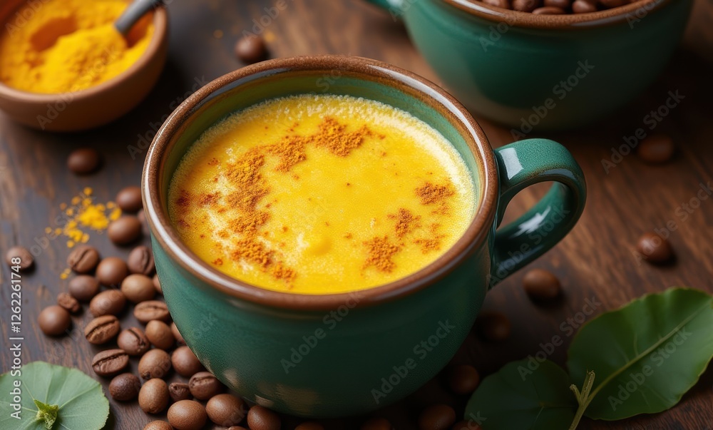 Turmeric latte with coffee beans and spices Turmeric latte with coffee beans and spices