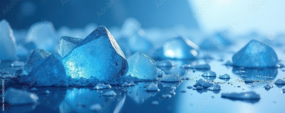 Chilled blue geometric ice shards, reflective surface, intense color, frost, winter Chilled blue geometric ice shards, reflective surface, intense color, frost, winter