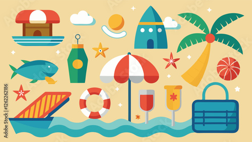 A flat design vector artfully captures the essence of a blissful beach vacation, showcasing iconic elements from palm trees to beach chairs in a clean, geometric style