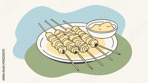 A mouthwatering vector image of skewered meat, presented with zesty sauces and bright garnishes, evokes the joy of sharing a flavorful meal