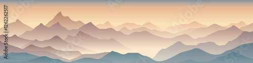 Sunrise in the mountains, morning light and fog, vector illustration, panoramic view