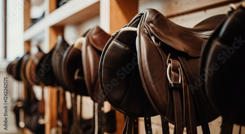 Row of leather saddles in tack room displaying equestrian gear