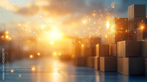 Sunset over warehouse captivating scene of cardboard boxes stacked neatly industrial environment warm glow tranquil viewpoint supply chain concept