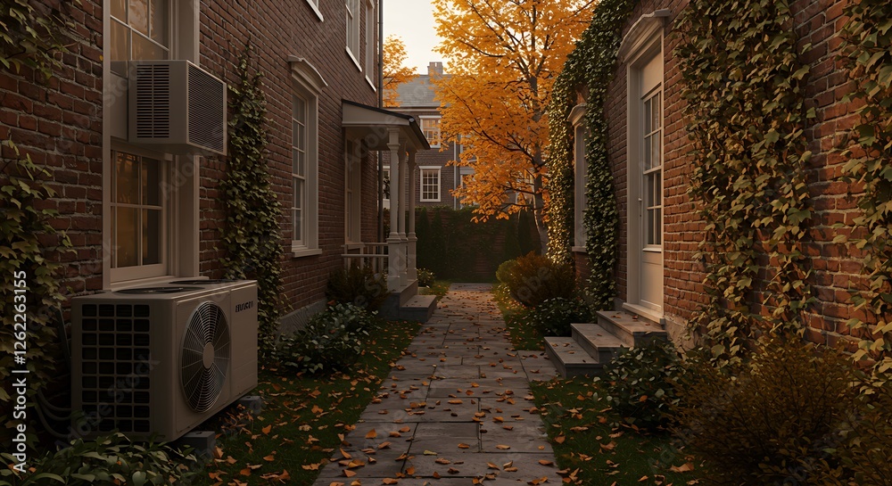 Fototapeta premium Backyard heat pump installation beside a garden pathway in autumn