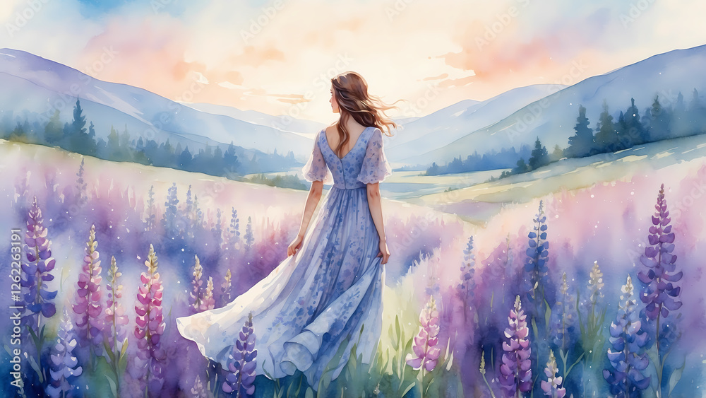 Watercolor painting of woman in lavender field at sunset Watercolor painting of woman in lavender field at sunset