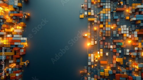 Container loading action global shipping yard digital art industrial environment aerial viewpoint supply chain dynamics for seo impact