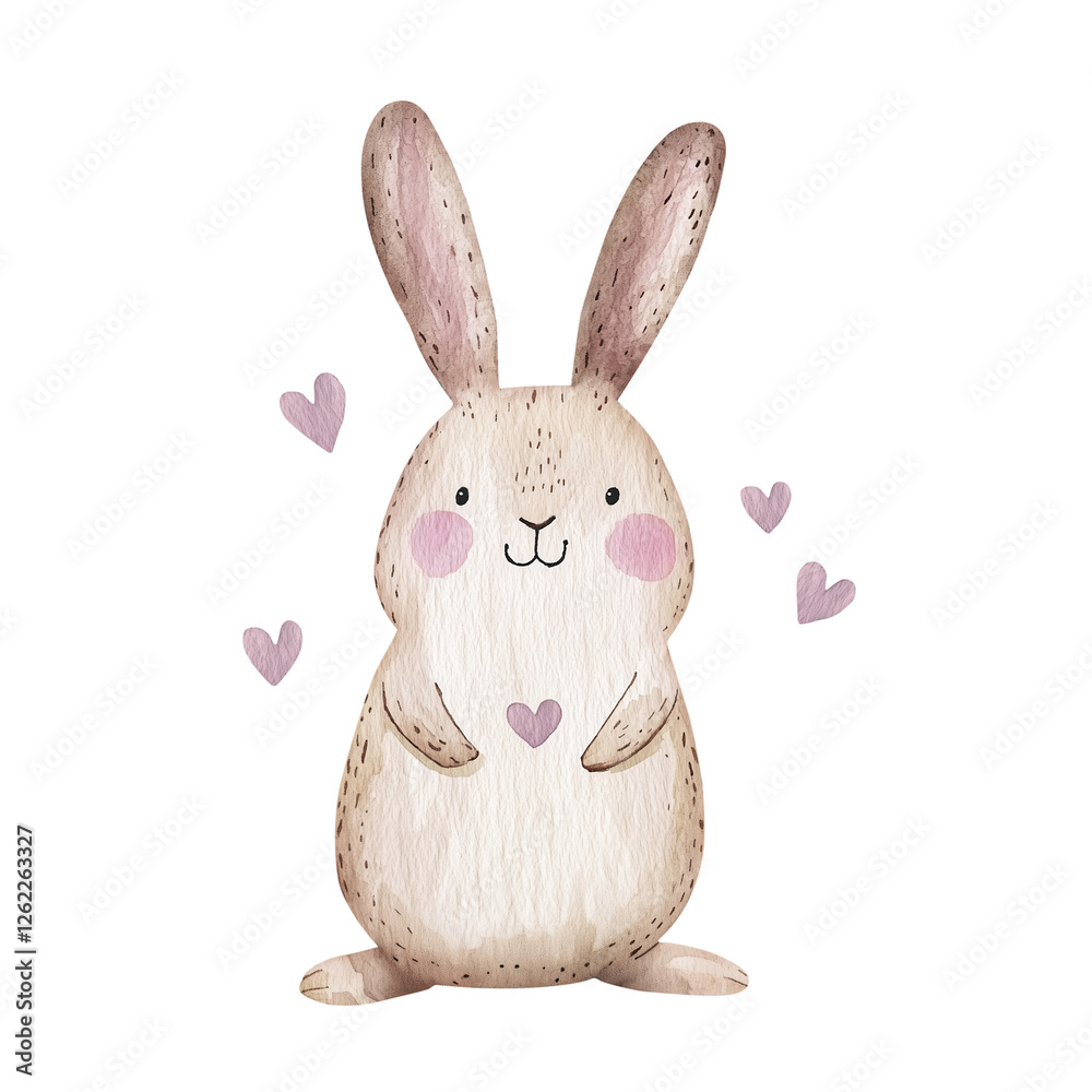 Obraz premium Hare in love with hearts. Cute texture rabbit, children's watercolor illustration. Isolated clipart with smooth edge for greeting card on transparent background