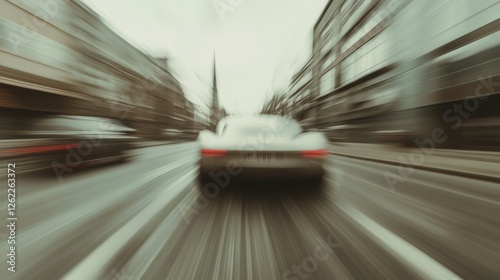 Classic car speeding city street; blurred background