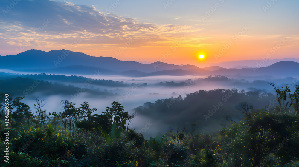 Obraz premium Breathtaking sunrise over misty mountains, showcasing vibrant colors and serene landscapes. tranquil atmosphere invites reflection and appreciation of nature beauty